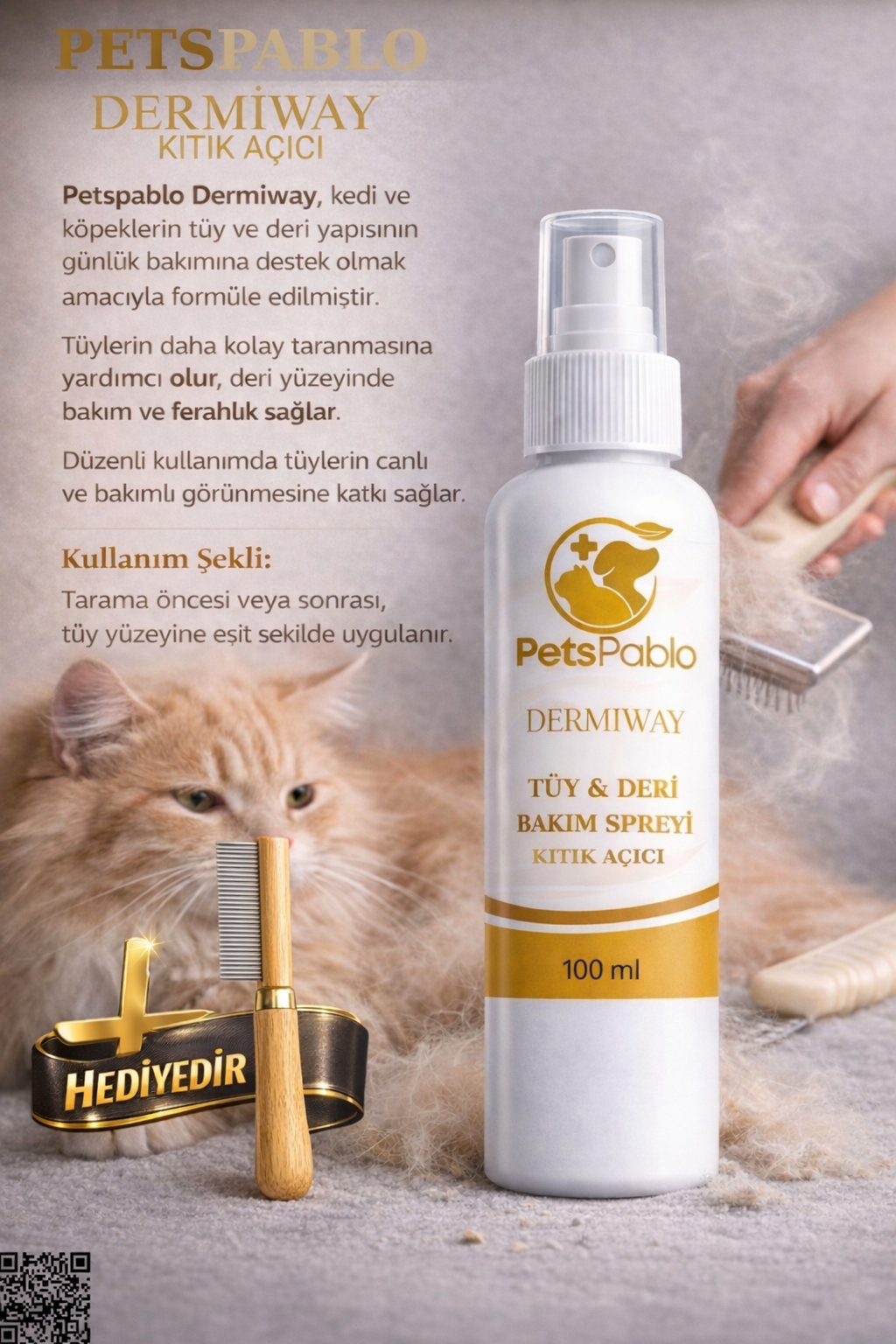 PetsPablo Dermiway Kıtık açıcı Tüy ve Deri Bakım Giderici + KITIK AÇICI TARAK HEDİYEDİR